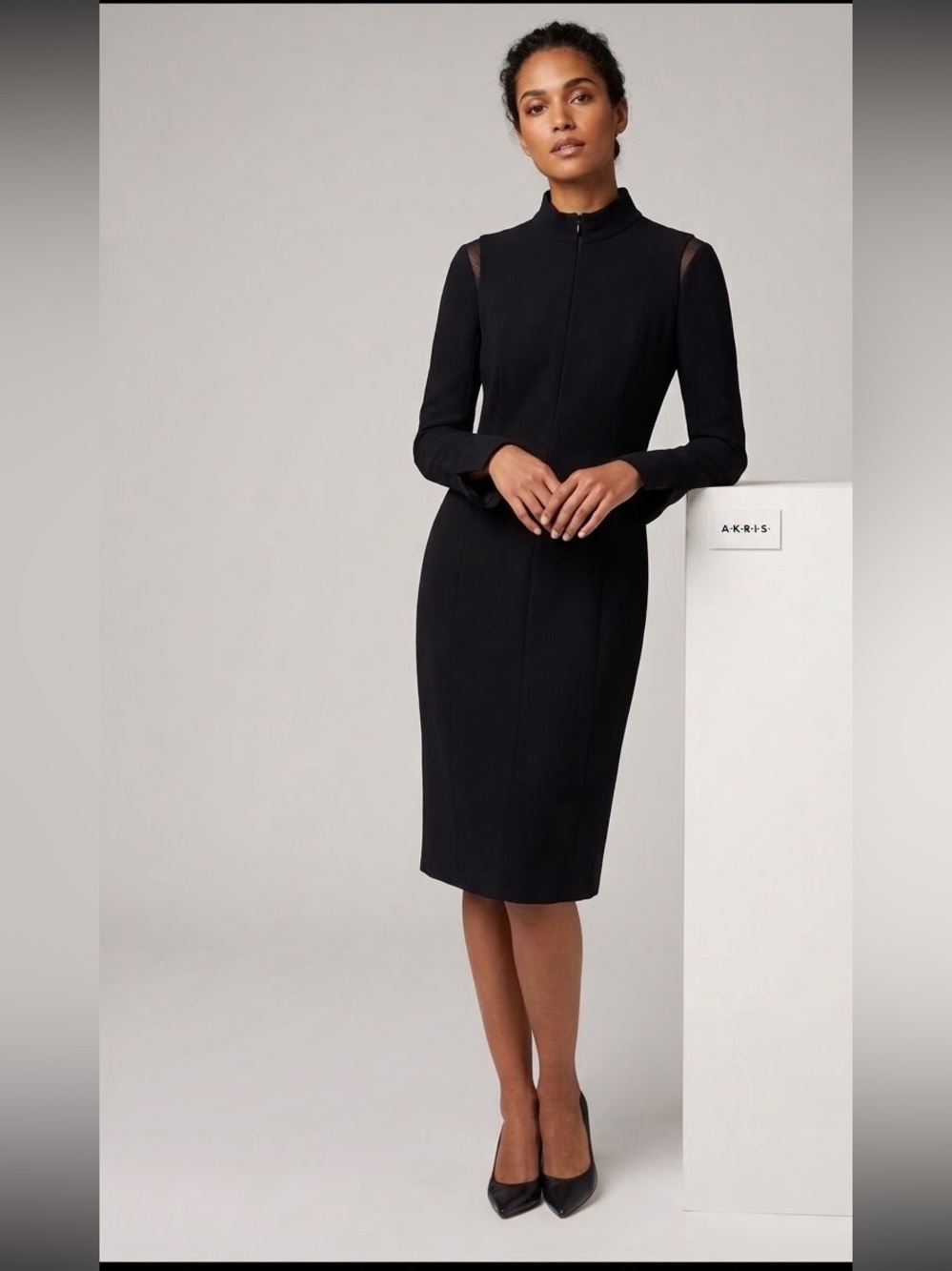 AKRIS Black Wool-Blend Sheer Mesh Shoulder Mock-Neck Sheath Dress - Swiss Made
